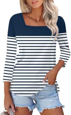 3/4 Length Sleeve Womens Tops,Basic Striped Tshirts Shirts Summer 2024 Gym Blouse Plus Size Athletic Tunic Top