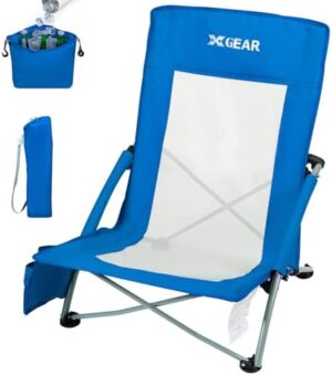 XGEAR High Back Folding Beach Chair with Detachable Cooler Bag High Back Mesh Back Sand Chair for Beach, Lawn, Camping, Travel, Support Up to 350 lbs