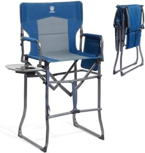 EVER ADVANCED Portable 30.7" Seat Height Tall Folding Chair Directors Chair High Foldable Bar Stool with Side Table for Makeup Artist, Camping, Sports Event, Craft Show, Supports 350LBS Blue Grey