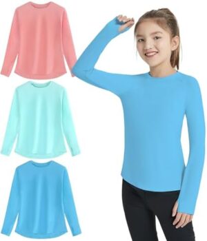 EXARUS Girls Long Sleeve Rash Guard Shirts Athletic Quick Dry Tops UPF 50+ Tees with Pockets Thumb holes Workout Teens