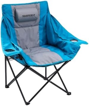 Swonder Oversized Moon Camping Chair with Innovative 2-in-1 Removable Seat Cushion for All Seasons, Heavy-Duty Fully Padded Folding Outdoor Chair with Headrest and Carry Bag