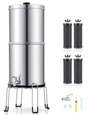 CO-Z Gravity-Fed Water Filter System, 2.25 Gal Countertop Water Filtration System, Stainless Steel Gravity Water Purifier with 4 Carbon Filters, Chamber Stand & Water Spigot, NSF/ANSI 42 Certification