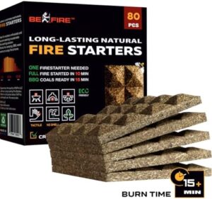 Fire Starter • 80 pcs Natural Fire Starters 15+ Min Burn Time Firestarters for Indoor Fireplace, Campfires & Camping, Wood Stove, Grill • Water Resistant and Long-Lasting