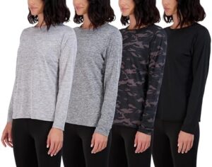 Real Essentials 4 Pack: Women's Dry-Fit Tech Stretch Long-Sleeve Athletic Workout T-Shirt (Available in Plus Size)