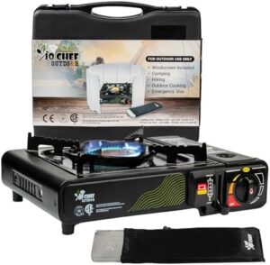 Jo Chef Butane Camping Stove - 9,500 BTU Portable Gas Stove - Ideal for Camping/Road Trips, Outdoor camp Stove Includes Windshield, CSA Certified, Brass Burner Fast Heat Up Time