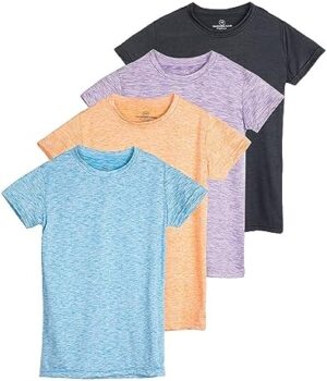 Real Essentials 4 Pack: Girls Short Sleeve Dry-Fit Crew Neck Active Athletic Performance T-Shirt