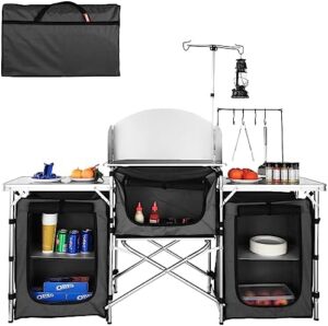 VBENLEM Camping Kitchen Table, Aluminum Portable Folding Camp Cook Table with Windshield, 3 Cupboard, Storage Organizer, Quick Installation for Outdoor Picnic Beach Party Cooking, Black