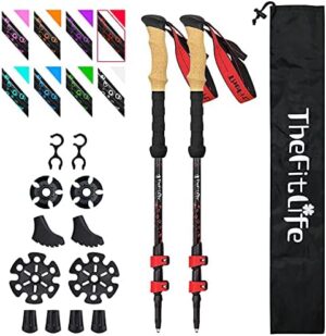 TheFitLife Carbon Fiber Trekking Poles – Collapsible and Telescopic Walking Sticks with Natural Cork Handle and Extended EVA Grips, Ultralight Nordic Hiking Poles for Backpacking Camping