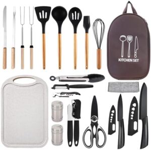 Camping Cooking Utensils Set Silicone Camp Kitchen Set, RV Camping Must Haves Camping Utensils Cooking Essentials, Travel Organizer Portable Camp Kitchen Kit with Storage Bag