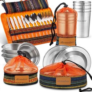 Wealers Unique Complete Messware Kit Polished Stainless Steel Dishes Set| Tableware| Dinnerware| Camping| Buffet| Includes - Cups | Plates| Bowls| Cutlery| Comes in Mesh Bags (4 Person Set)