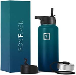 IRON °FLASK Camping & Hiking Hydration Flask, Wide Mouth, 3 Straw Lids, Stainless Steel Outdoor Water Bottle, Double Walled, Insulated Thermos, Metal Canteen - Dark Night, 32 Oz