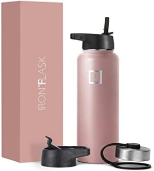 IRON °FLASK Camping & Hiking Hydration Flask, Wide Mouth, 3 Straw Lids, Stainless Steel Outdoor Water Bottle, Double Walled, Insulated Thermos, Metal Canteen - Rose Gold, 40 Oz