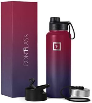 IRON °FLASK Camping & Hiking Hydration Flask, Wide Mouth, 3 Spout Lids, Stainless Steel Outdoor Water Bottle, Double Walled, Insulated Thermos, Metal Canteen - Dark Rainbow, 40 Oz