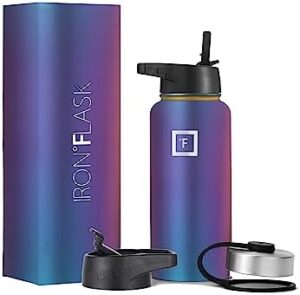 IRON °FLASK Camping & Hiking Hydration Flask, Wide Mouth, 3 Straw Lids, Stainless Steel Outdoor Water Bottle, Double Walled, Insulated Thermos, Metal Canteen - Aurora, 32 Oz