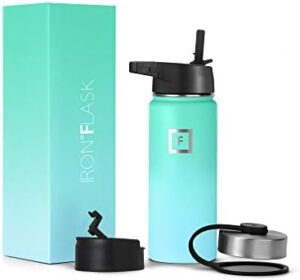 IRON °FLASK Camping & Hiking Hydration Flask, Wide Mouth, 3 Straw Lids, Stainless Steel Outdoor Water Bottle, Double Walled, Insulated Thermos, Metal Canteen - Sky, 18 Oz