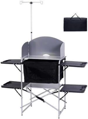 Nice C Camping Kitchen Station, Camping Table, Picnic Table, Grill Table, Folding Table, Upgrade Light Stand and Windshield Cooking Station & Organizers, Carry Bag for Beach, Picnic (Silver/Black)