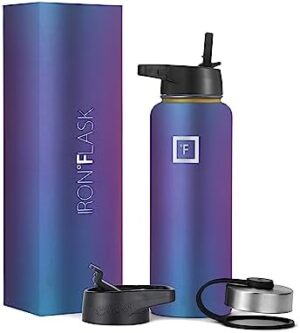 IRON °FLASK Camping & Hiking Hydration Flask, Wide Mouth, 3 Straw Lids, Stainless Steel Outdoor Water Bottle, Double Walled, Insulated Thermos, Metal Canteen - Aurora, 40 Oz