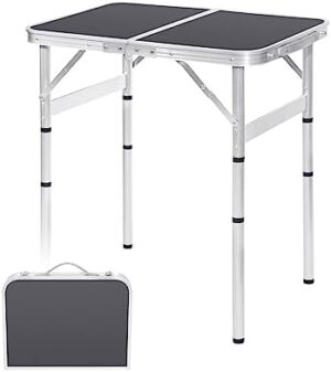 Small Folding Table 2FT 4 Height Adjustable Foldable Camping Table Portable Picnic Table Metal Outdoor for Beach BBQ RV Black 23.6×15.7 inch