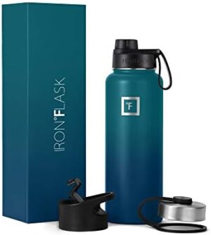 IRON °FLASK Camping & Hiking Hydration Flask, Wide Mouth, 3 Spout Lids, Stainless Steel Outdoor Water Bottle, Double Walled, Insulated Thermos, Metal Canteen - Dark Night, 40 Oz