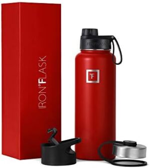 IRON °FLASK Camping & Hiking Hydration Flask, Wide Mouth, 3 Spout Lids, Stainless Steel Outdoor Water Bottle, Double Walled, Insulated Thermos, Metal Canteen - Fire Red, 40 Oz