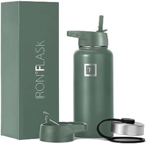 IRON °FLASK Camping & Hiking Hydration Flask, Wide Mouth, 3 Straw Lids, Stainless Steel Outdoor Water Bottle, Double Walled, Insulated Thermos, Metal Canteen - Sage, 32 Oz