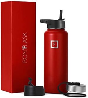 IRON °FLASK Camping & Hiking Hydration Flask, Wide Mouth, 3 Straw Lids, Stainless Steel Outdoor Water Bottle, Double Walled, Insulated Thermos, Metal Canteen - Fire Red, 14 Oz