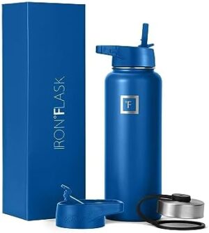 IRON °FLASK Camping & Hiking Hydration Flask, Wide Mouth, 3 Straw Lids, Stainless Steel Outdoor Water Bottle, Double Walled, Insulated Thermos, Metal Canteen - Cobalt, 40 Oz