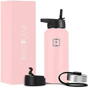 IRON °FLASK Camping & Hiking Hydration Flask, Wide Mouth, 3 Straw Lids, Stainless Steel Outdoor Water Bottle, Double Walled, Insulated Thermos, Metal Canteen - Rose, 40 Oz