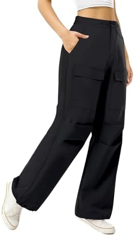 Cargo Pants for Women Wide Leg Hiking Pants Lightweight Ruched Casual Baggy Joggers Elastic Waist with 4 Pockets