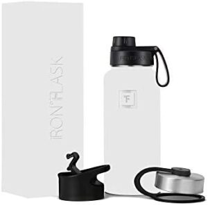 IRON °FLASK Camping & Hiking Hydration Flask, Wide Mouth, 3 Spout Lids, Stainless Steel Outdoor Water Bottle, Double Walled, Insulated Thermos, Metal Canteen - Winter White, 32 Oz