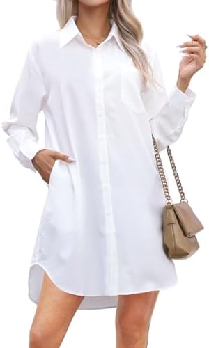 Wowcarbazole Womens Button Down Shirt Dresses Casual Long Sleeve Collared Shirts Oversized Blouse Tops with Pocket