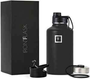 IRON °FLASK Camping & Hiking Hydration Flask, Wide Mouth, 3 Spout Lids, Stainless Steel Outdoor Water Bottle, Double Walled, Insulated Thermos, Metal Canteen - Midnight Black, 64 Oz