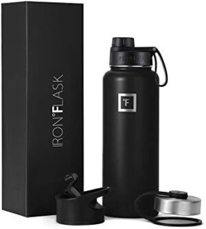 IRON °FLASK Camping & Hiking Hydration Flask, Wide Mouth, 3 Spout Lids, Stainless Steel Outdoor Water Bottle, Double Walled, Insulated Thermos, Metal Canteen - Midnight Black, 40 Oz