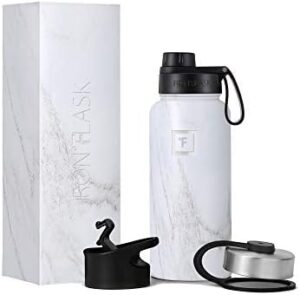 IRON °FLASK Camping & Hiking Hydration Flask, Wide Mouth, 3 Spout Lids, Stainless Steel Outdoor Water Bottle, Double Walled, Insulated Thermos, Metal Canteen - Carrara Marble, 32 Oz