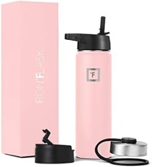 IRON °FLASK Camping & Hiking Hydration Flask, Wide Mouth, 3 Straw Lids, Stainless Steel Outdoor Water Bottle, Double Walled, Insulated Thermos, Metal Canteen - Rose, 22 Oz