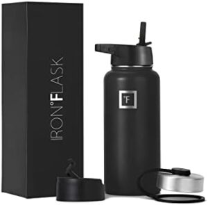 IRON °FLASK Camping & Hiking Hydration Flask, Wide Mouth, 3 Straw Lids, Stainless Steel Outdoor Water Bottle, Double Walled, Insulated Thermos, Metal Canteen - Midnight Black, 32 Oz