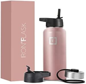 IRON °FLASK Camping & Hiking Hydration Flask, Wide Mouth, 3 Straw Lids, Stainless Steel Outdoor Water Bottle, Double Walled, Insulated Thermos, Metal Canteen - Rose Gold, 32 Oz