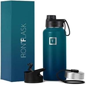 IRON °FLASK Camping & Hiking Hydration Flask, Wide Mouth, 3 Spout Lids, Stainless Steel Outdoor Water Bottle, Double Walled, Insulated Thermos, Metal Canteen - Dark Night, 32 Oz