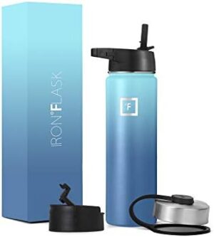 IRON °FLASK Camping & Hiking Hydration Flask, Wide Mouth, 3 Straw Lids, Stainless Steel Outdoor Water Bottle, Double Walled, Insulated Thermos, Metal Canteen - Blue Waves, 22 Oz