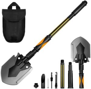 Survival Camping Shovel Multifunctional Folding Shovel Heavy Duty Alloy Steel Tactical Shovel with Saw for Hiking, Backpacking,Hunting,CarEmergency,Snow,Camping,Gardening, Outdoor Emergency (HS003)