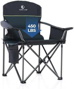 GREEN PARTY Oversized Folding Camping Chairs High Back Heavy Duty Padded Lawn Chair for Adults Support up to 450lbs with Cup Holder, Side Pocket Cooler Bag, Green