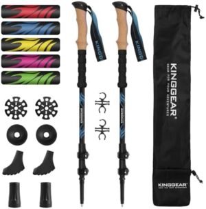 KINGGEAR Carbon Fiber Hiking Poles – Telescopic Collapsible Flip Locks Nordic Walking Sticks with Natural Cork Handle and EVA Grips Trekking Poles