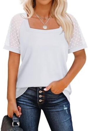 WEESO Summer Square Neck Tops for Women Swiss Dot Short Sleeve Casual Shirts 2024