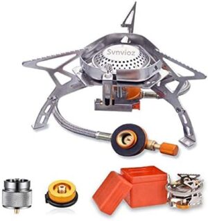 SVNVIOZ Camping Stove Windproof Backpacking Stove with Piezo Ignition, Plastic Storage Box, 2 Types Fuel Canister Adapters, Camping Gear Portable Stove for Outdoor Camping Hiking Cooking