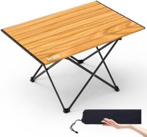 Folding Camping Table, Compact Portable Camping Side Table with Carrying Bag, Ultralight Aluminum Beach Table for Hiking, Camping, Picnicking, BBQ, Outdoor Cooking (Wood Large 27")