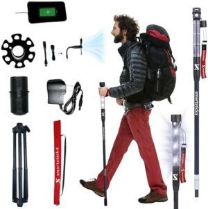 Tactical Walking Stick Collapsible Trekking Pole Survival Hiking Stick Aircraft Aluminum, Power Bank, 2 Bright LED Light Modes, Solar Rechargeable, Fan, Hiking, Camping, Outdoor