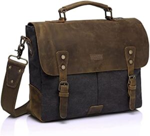 VASCHY Messenger bag for men, Vintage Leather Canvas Satchel 14in Laptop Crossbody Shoulder Bag