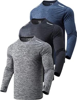 3 Pack: Men's Long Sleeve T Shirts, Dry Fit UV Sun Protection Outdoor Hiking Athletic Active Tops with Thumb Holes