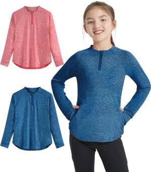 EXARUS Girls Long Sleeve Rash Guard Shirts Athletic Quick Dry Tops UPF 50+ Tees with Pockets Thumb holes Workout Teens