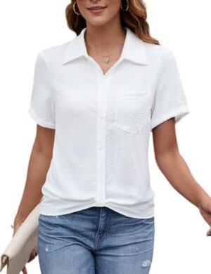 CiCiBird Women Button Down Shirt Casual Short Sleeve Blouse Dressy Summer V Neck Collared Tops with Pocket